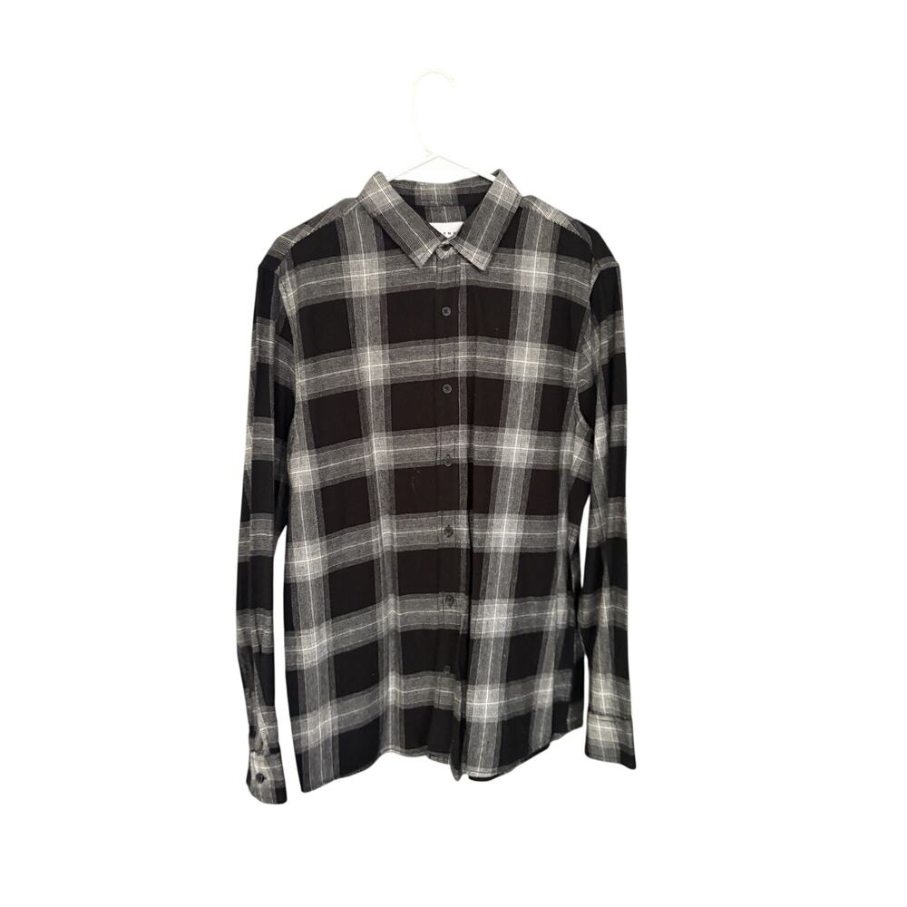 Topman Men's Large Black & White Plaid Flannel Long Sleeve Button-Up Shirt